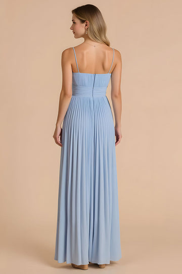 Light Blue Pleated A Line Spaghetti Straps Long Bridesmaid Dress